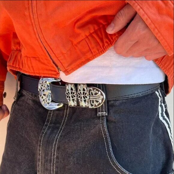 vintage chrome buckle black american western design belt - Picture 3 of 6